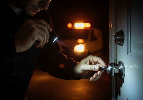 Locksmith opening a door at night with flashlight, service van behind