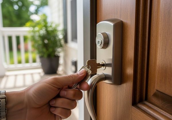 Hand inserting key into a residential deadbolt