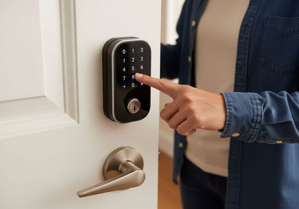 Modern keypad smart deadbolt on a residential front door